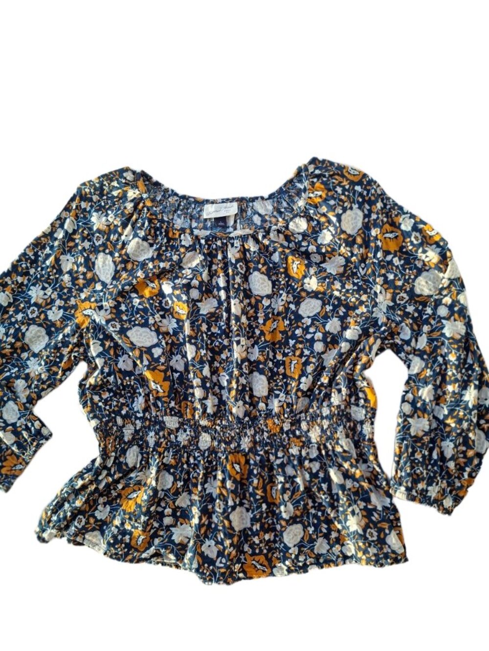 Universal Thread Cotton Navy Floral Smocked Waist 3/4 Sleeve Peplum Blouse L